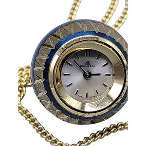 Vtg Bucherer Pendant Ball Watch Swiss 17 Jewels Mechanical Blue Enamel Gold Tone